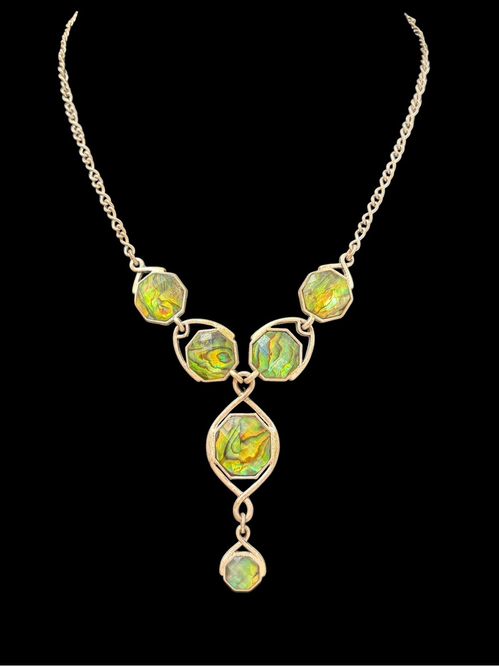 Vintage Axcess Xiomara Castro Silver Plated Faux Abalone Y-Drop Statement Neckla